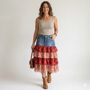 Vezucci Midi Skirt Women Sz 10 Denim Floral Boho Cottagecore Tiered Festival Y2K